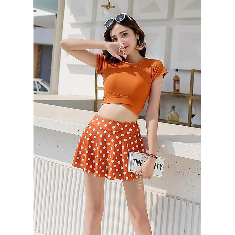 Đồ Bơi Nữ Đồ Bơi 2 Mảnh Áo Bơi Kiểu Dáng Croptop Váy Bơi Kết Hợp Quần Kín Đáo Họa Tiết Chấm Bi B077