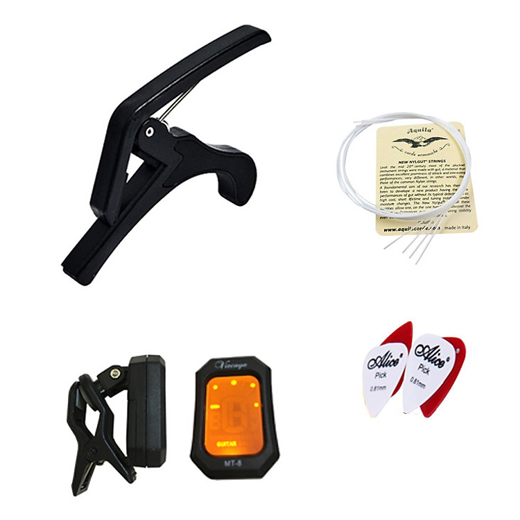 Combo Bộ phụ kiện đàn Ukulele (Máy lên dây + Capo + Bộ dây dự phòng + Phím gảy)