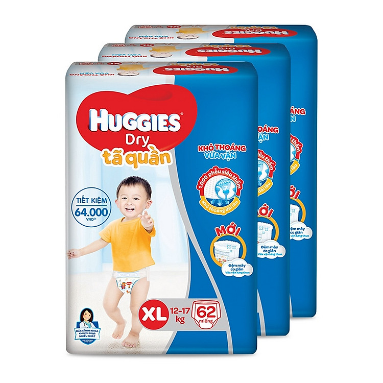 Combo 3 Tã quần HUGGIES DRY PANTS SUPER JUMBO XL62 (11 - 16kg) - Gói 62 miếng
