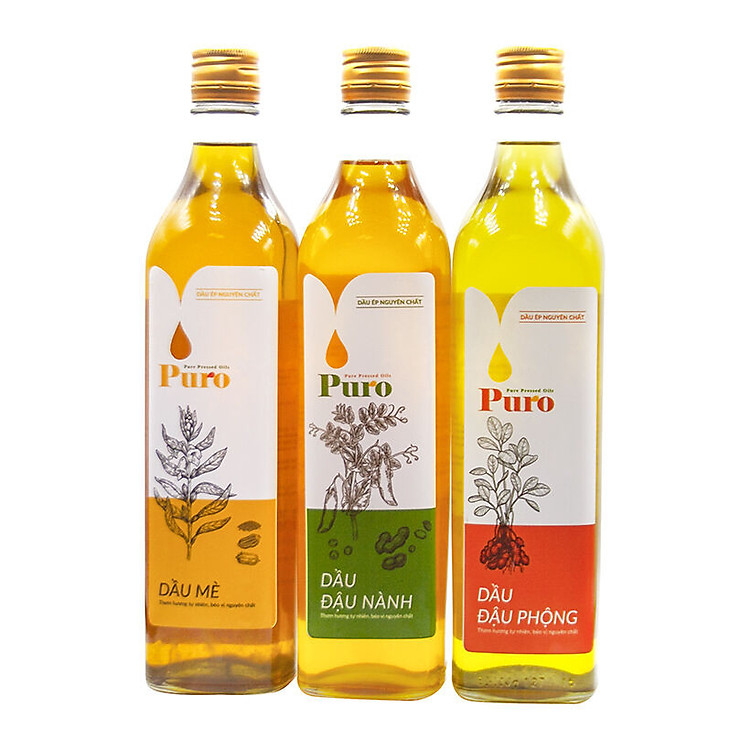 Tiết Kiệm Hơn - Combo 3 Chai Dầu (Mè, Đậu Phộng, Đậu Nành) nguyên chất 100% Thương Hiệu Puro - 500ml - Sản Phẩm Dành Cho Mọi Gia Đình.