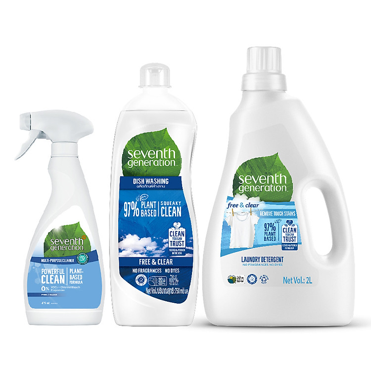 Combo Nước giặt (2L) + Nước rửa chén gốc thực vật (750ml) + Nước lau đa năng Seventh Generation Fresh and Clear không mùi (475ml)