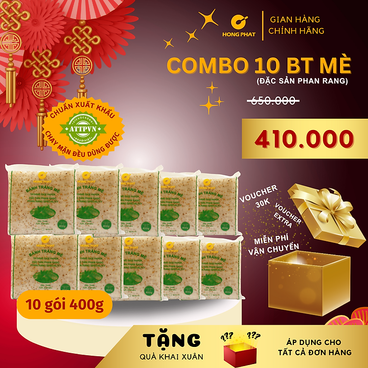 Combo 10 Bánh tráng mè 400g/gói (Bánh tráng mè, bánh tráng gỏi cuốn mè Hồng Phát đặc sản Phan Rang)