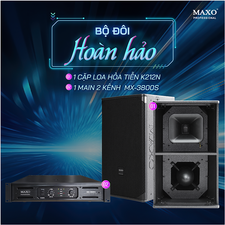 Combo Bộ Đôi Hoàn Hảo 1 cặp Loa Hỏa Tiễn K212N, 1 Main 2 kênh MX-3800S  - Hàng Nhập Khẩu Chính Hãng