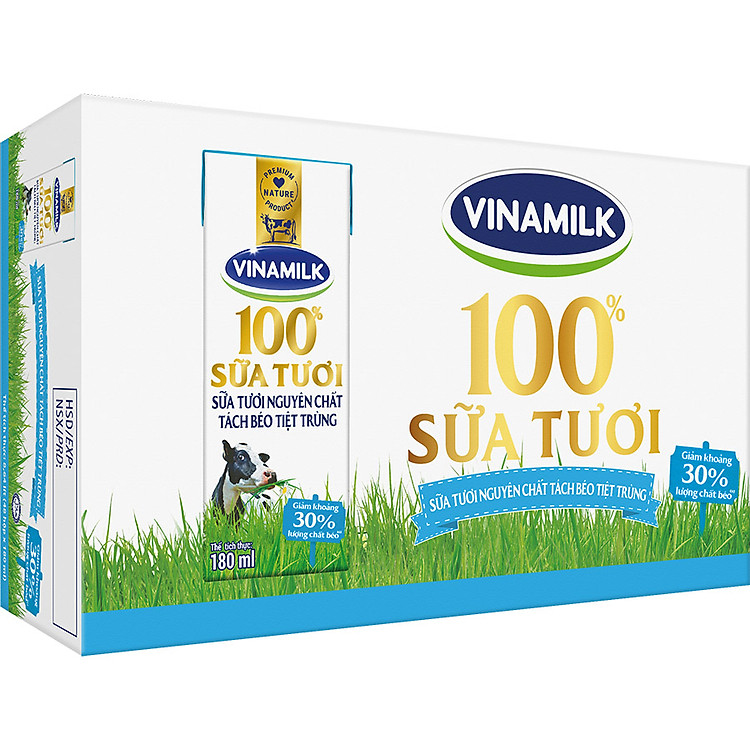 Thùng 48 HỘP SỮA TƯƠI TIỆT TRÙNG VINAMILK 100% TÁCH BÉO KHÔNG ĐƯỜNG 180ML