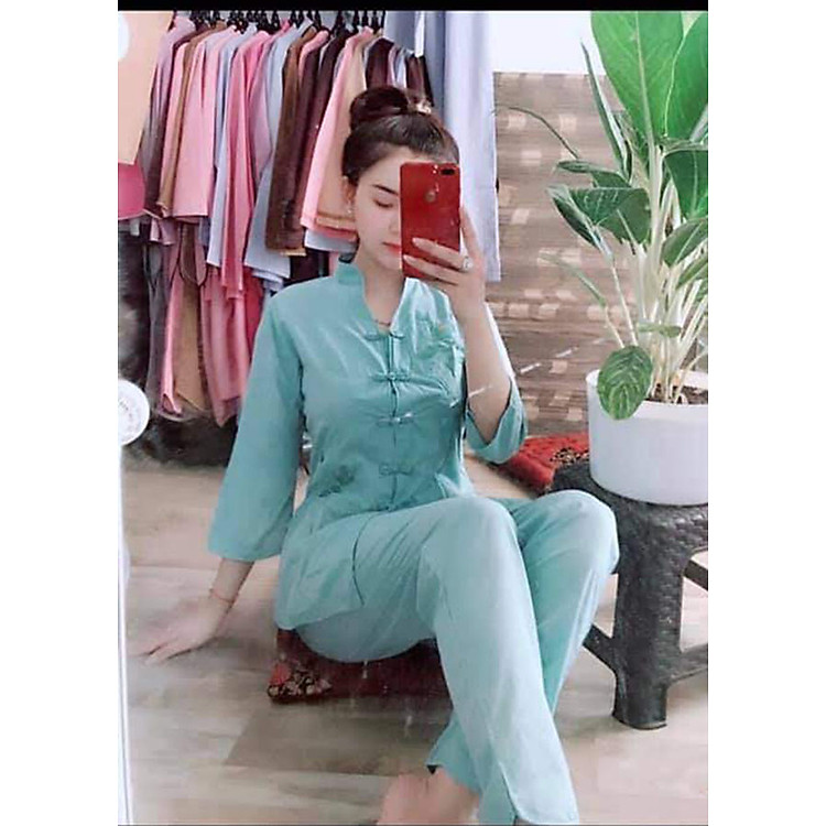 Áo Lam Đi Chùa - Bộ Cổ Tàu Thêu Sen Màu Xanh Thạch