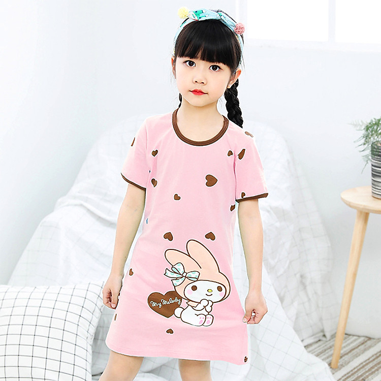 Đầm ngủ bé gái cotton mát mẻ hình thỏ cute cho bé 4-10 tuổi – DN001