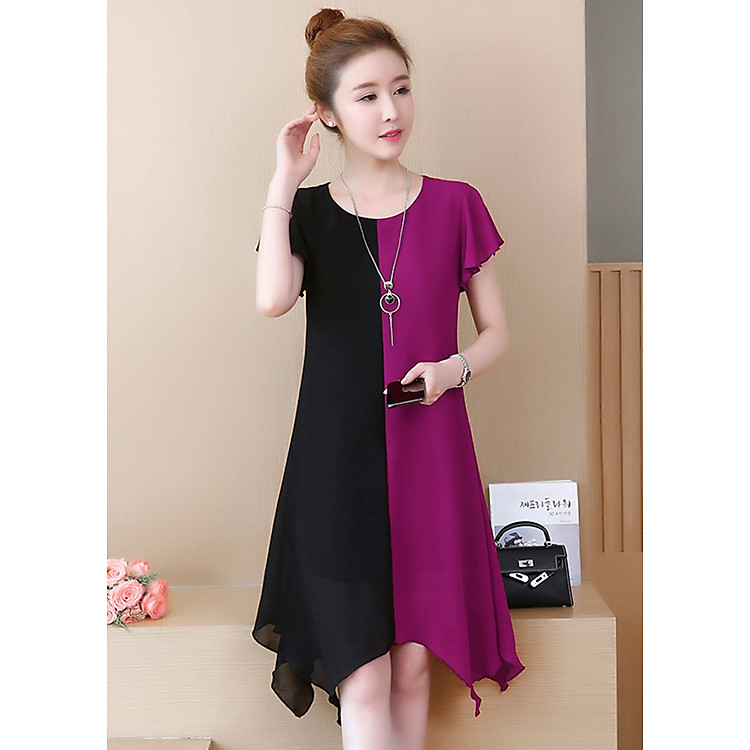 Đầm suông trung niên phối màu D3027T đen phối tím