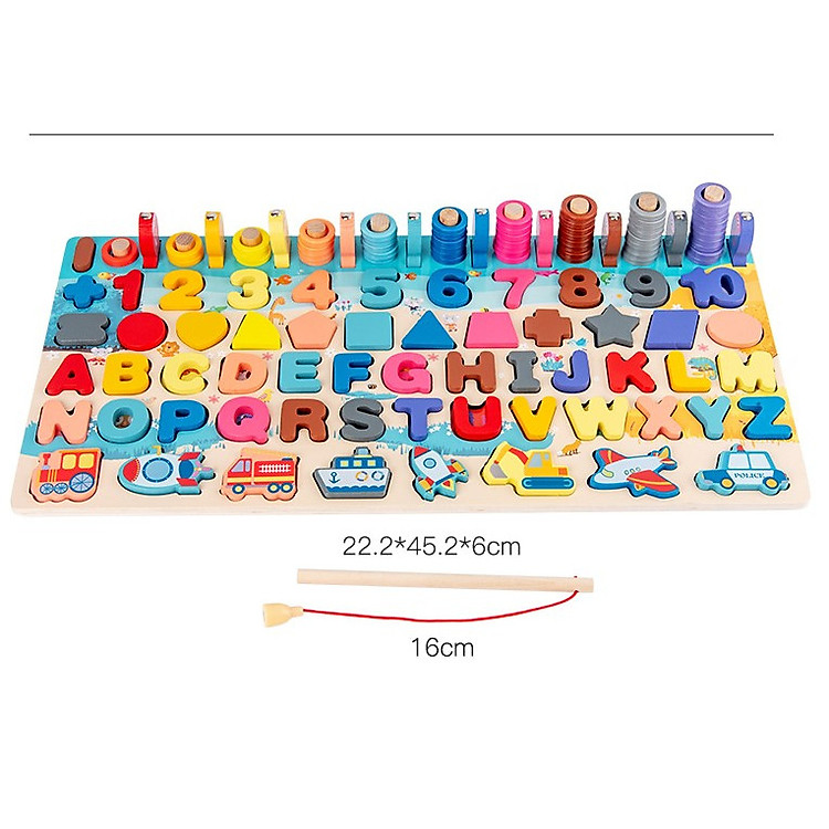 Bộ Đồ Chơi Gỗ Xếp Khối, Giáo Cụ Montessori Ghép chữ, Ghép số, Câu Cá, Xếp Khối, Ghép Hình - 6 trong 1