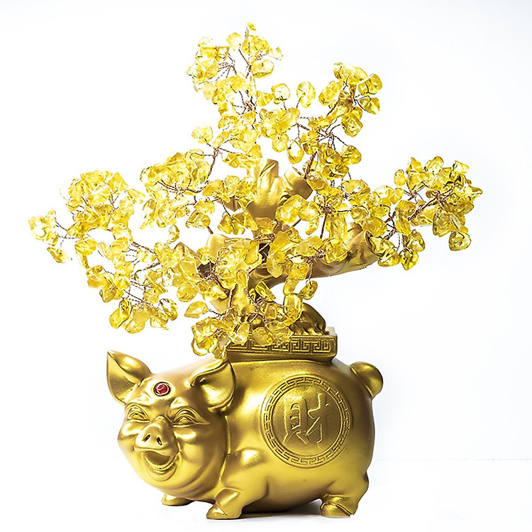 Cây Tài Lộc - Cây Đá phong thủy Thạch Anh vàng tự nhiên đế Heo vàng may mắn HANMYNGHE