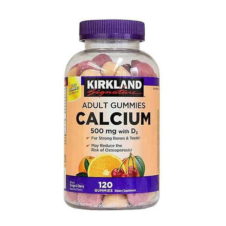Kẹo Dẻo Hỗ Trợ Xương Khớp Kirkland Signature Adult Gummies Calcium 500mg with D3 120 viên Hàng Nhập Mỹ Hương Vị Cam và Cherry