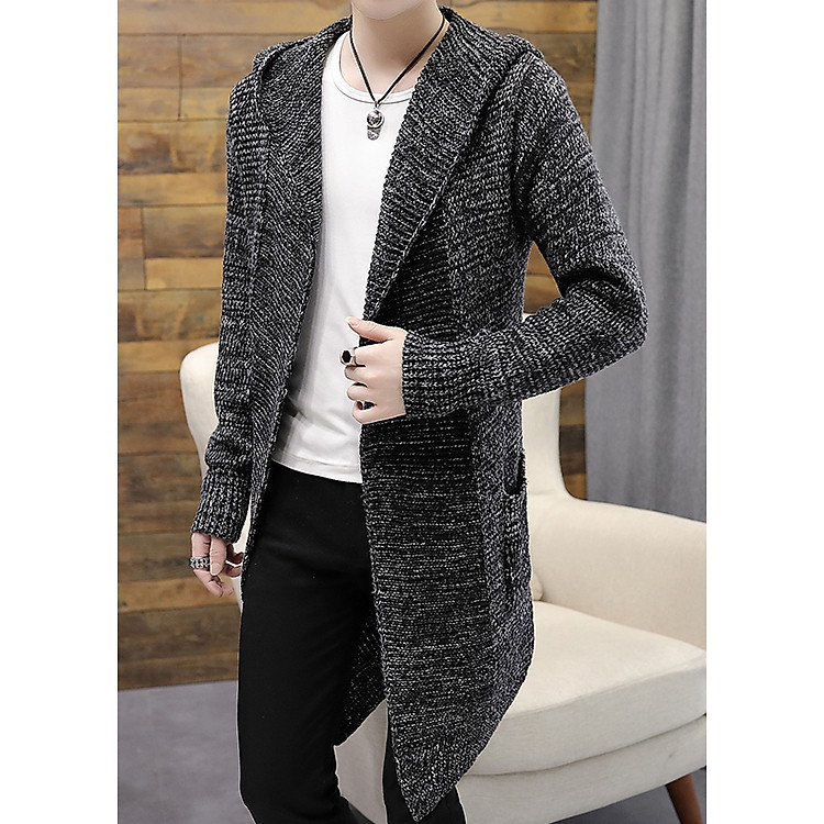Áo cardigan len nam dang dài mũ chùm đầu, len dày dặn, thích hợp mùa đông, thời trang Hàn Quốc