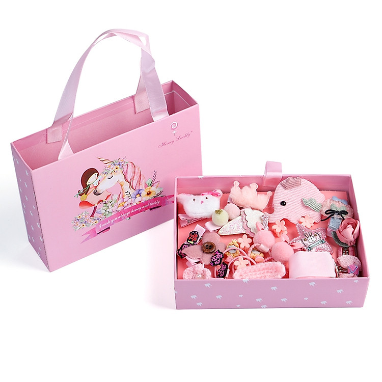 Hộp kẹp tóc 24 chi tiết (Phụ kiện tóc), màu hồng, loại có kẹp thỏ hồng, bươm bướm... vỏ túi sách hình cô gái và chú ngựa màu hồng. Sản phẩm siêu đẹp. Thích hợp làm quà tặng cho bé gái.