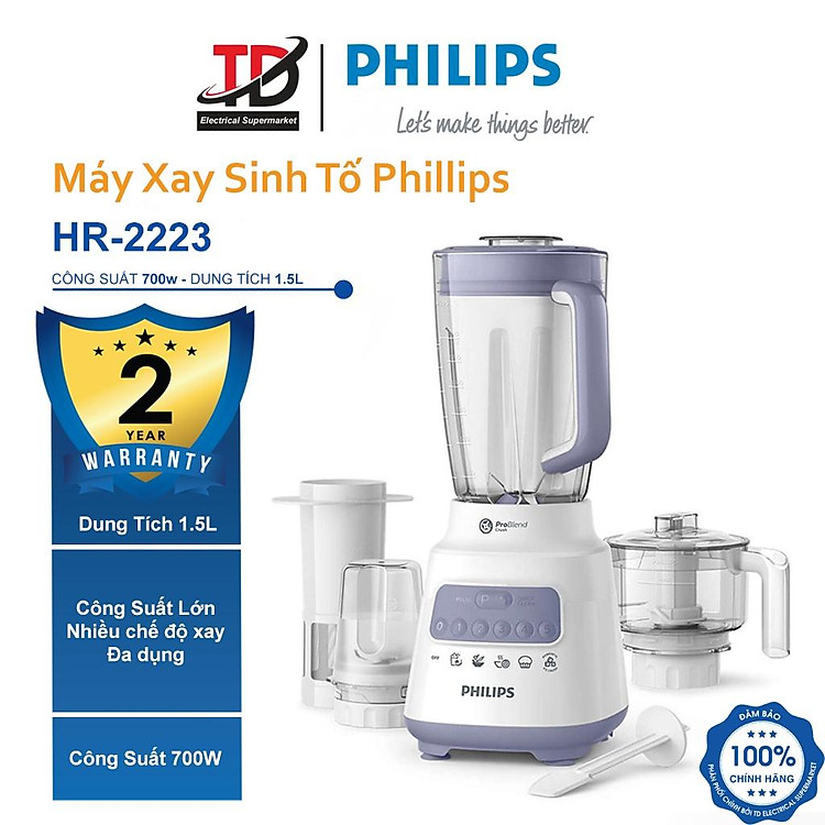 Máy Xay Sinh Tố Philips HR2223 - 3 Cối + 1 Lõi Ép - Công Suất 700W Xay Được Đá, Hạt - Hàng Chính Hãng