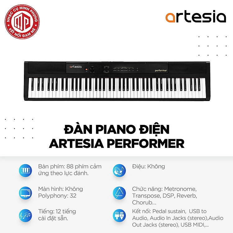 Đàn Piano điện/ Mobile Digital Piano - Artesia Performer - Best Digital Piano for Beginners - Màu đen (BL) - Hàng chính hãng