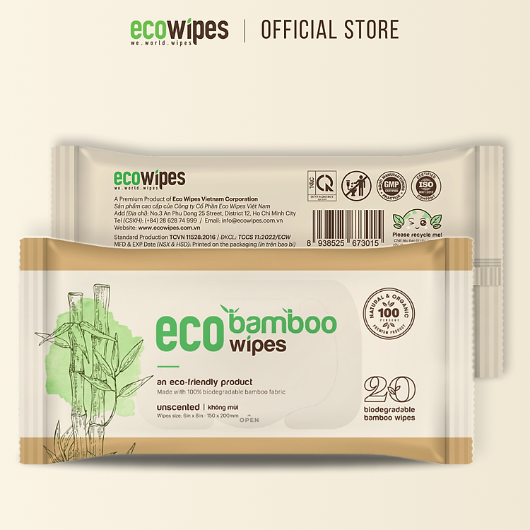 Khăn giấy ướt cao cấp EcoWipes vải sợi tre sinh thái Bamboo không mùi có thể phân hủy trong môi trường