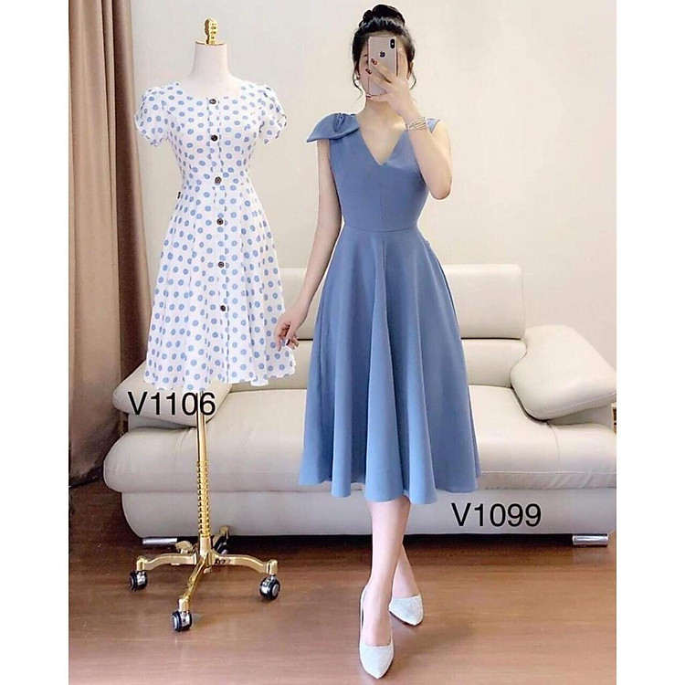 Đầm Váy Cổ V Kết Nơ Dáng Xòe Sang Chảnh Quý Cô Dự Tiệc Thời Trang