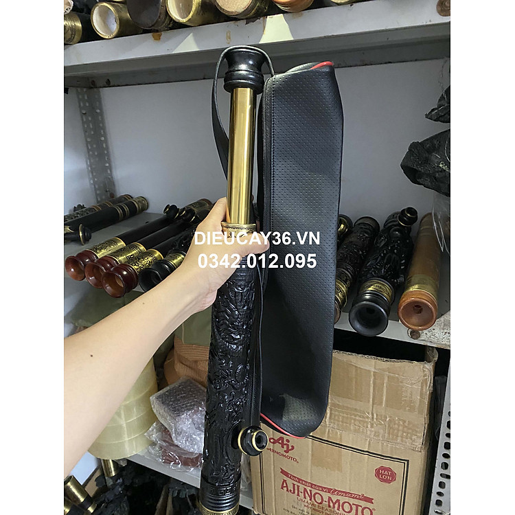 Điếu Cày Gỗ Mun Đen Mini 40Cm Rút 60cm Chống Đổ Nước Khắc Rồng (Tặng Kèm Bao Da + Nhấc Tàn + Bịt Nõ)