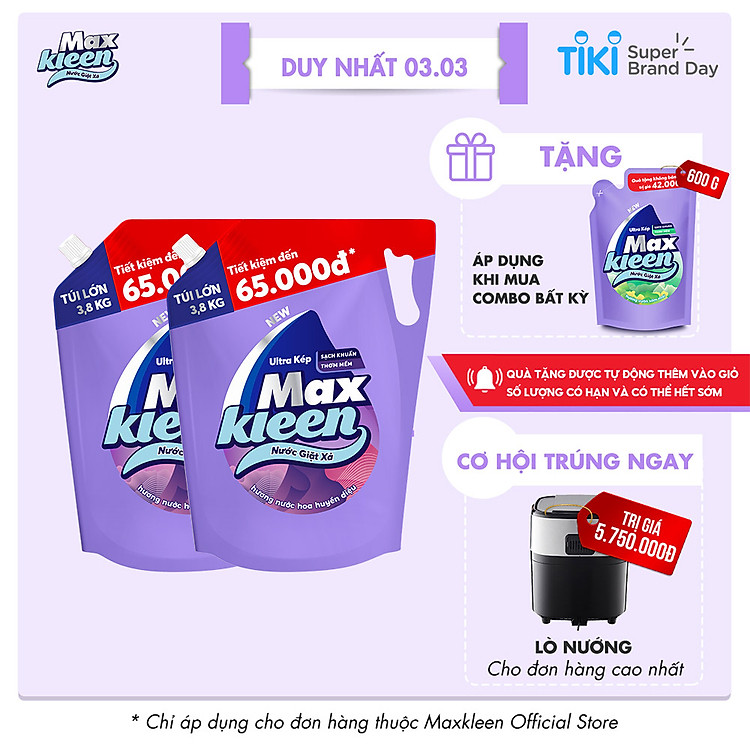 Combo 2 Túi nước giặt xả Maxkleen Hương Huyền Diệu 3.8kg/túi