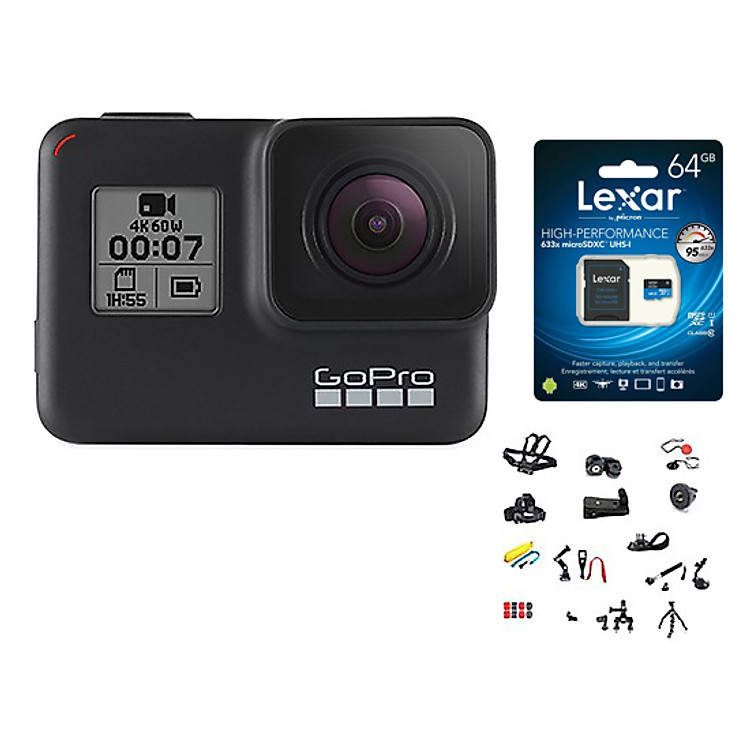 GoPro Hero 7 Black + Thẻ Nhớ 64GB Quay 4K + Bộ Full 20 Loại Phụ Kiện - Hàng Nhập Khẩu