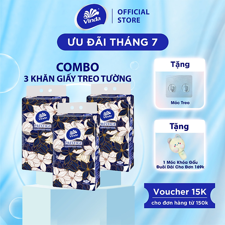 [3 GÓI KHĂN TREO TƯỜNG] Khăn giấy treo tường cao cấp Vinda Prestige 4D 3 lớp 212 tờ