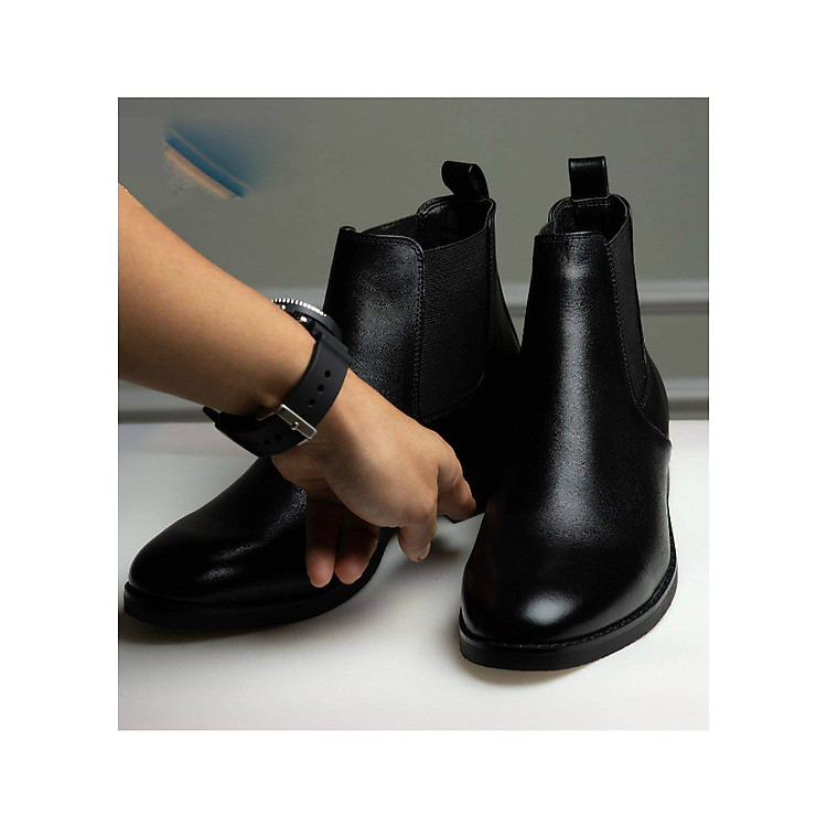 Giay Boot Nam Da Bóng Mịn Màu Đen Đế Cao Su Cao Cấp