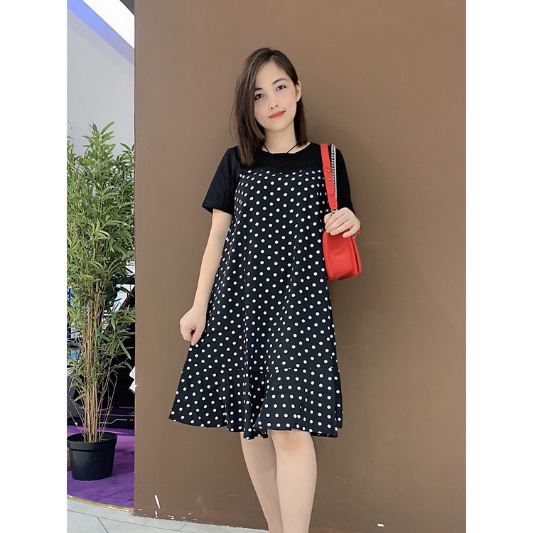 Váy bầu chấm bi đen phối tay đen