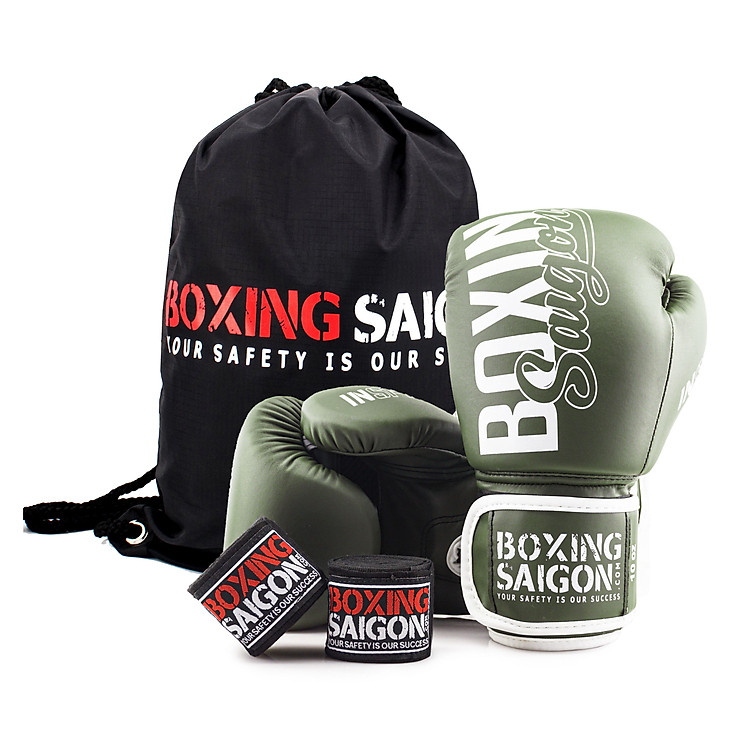 Combo Găng Tay Boxing Saigon + Băng Tay 4m5 (tặng túi rút) - Xanh rêu