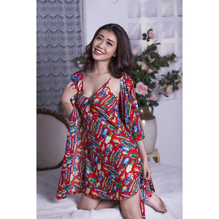 Đầm ngủ hai dây+áo khoác RBI satin họa tiết