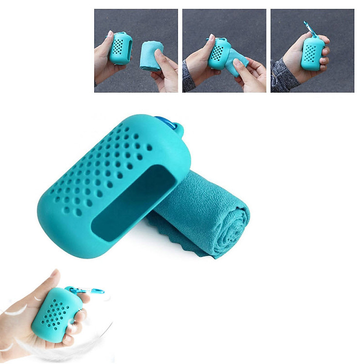 Khăn thể thao , dã ngoại bỏ túi chất liệu vải nhanh khô kèm túi móc đựng Silicon dẻo cao cấp