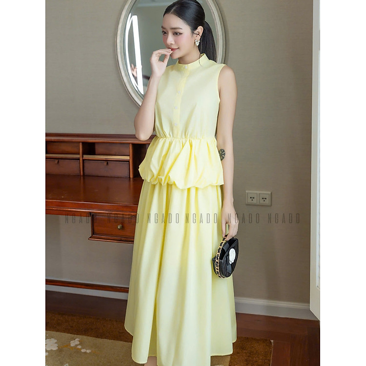 Set áo váy vàng cổ trụ NGADO , set áo váy dài , set công sở , dự tiệc