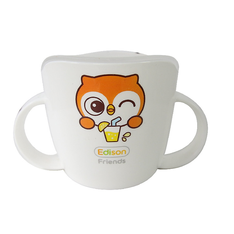 Cốc tập uống nước bằng nhựạ 2 quai có nắp đậy màu trắng họa tiết Cú , Thỏ, Sư tử dung tích 220ml chính hãng Edison - Hàn Quốc