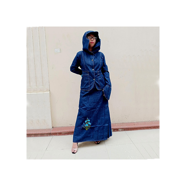 BỘ ĐỒ CHỐNG NẮNG JEAN CAO CẤP - Bao gồm Áo khoác chống nắng & Váy chống nắng Jean loại 1 tà có thêu họa tiết Hoa Thanh Tú nổi bật