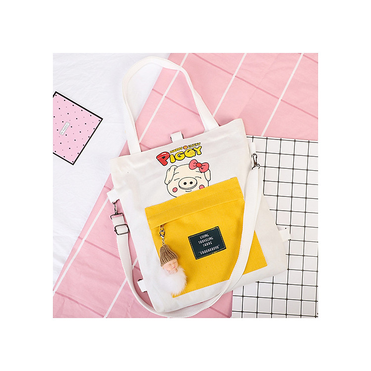 Túi Tote Vải Đeo Chéo, Túi Đeo Vai Hàn Quốc Hình PIGGY Siêu Đáng Yêu, Túi Xách Nữ Đeo Nhiều Kiểu Đi Học, Đi Chơi Tiện Dụng - OTV135 - Ope Store