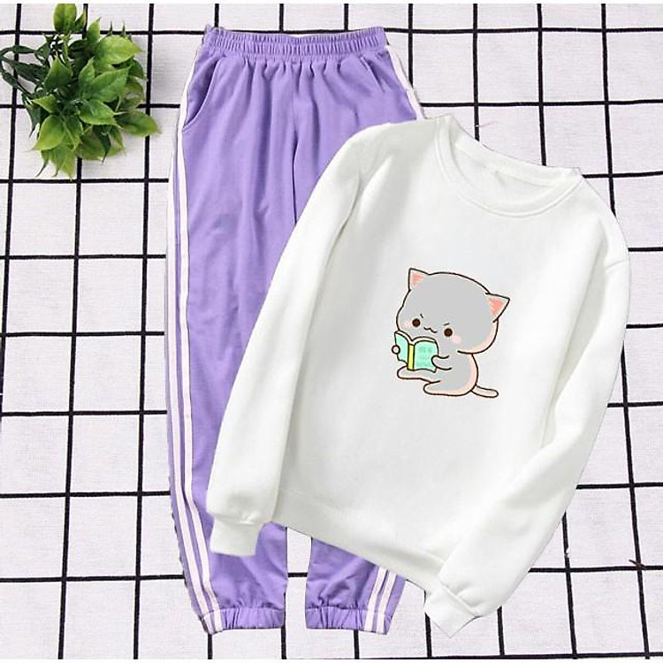Sét Bộ Đồ Quần Áo Nữ Thu Đông Đẹp Giá Rẻ Xinh Cute, Áo Trắng Tixi Da Cá In Mèo Đọc Sach Kèm Quần Thun Bo Chun Gấu