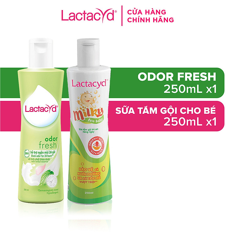 Bộ Dung Dịch Vệ Sinh Phụ Nữ Lactacyd Odor Fresh Ngăn Mùi 24H 250ml + Sữa Tắm Gội Trẻ em Lactacyd Baby Extra Milky 250ml