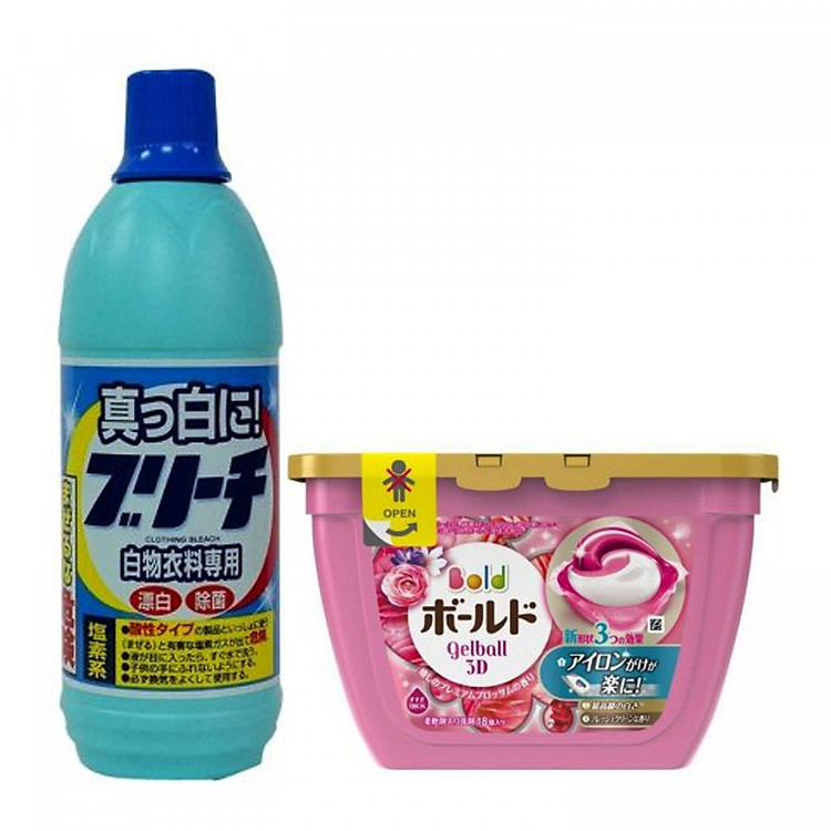 Combo Nước tẩy quần áo 600ml Rocket + Hộp 18 viên giặt xả 3D Gel Ball (2 trong 1) nội địa Nhật Bản