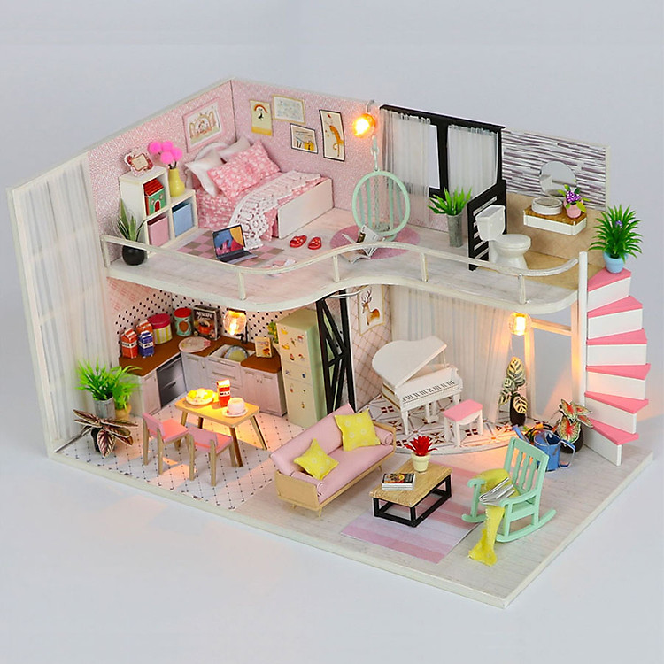 Nhà búp bê Ngôi nhà thu nhỏ lắp ghép Pink Melody