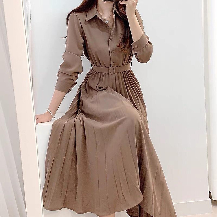 Váy liền dáng dài chân váy xếp ly