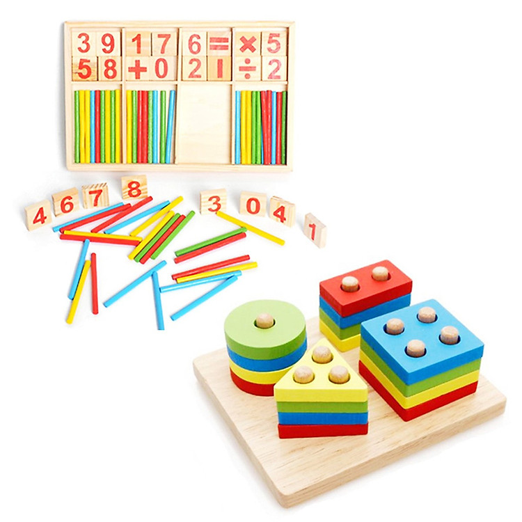 Combo Bộ Qua Tính Cho Bé + Thả Hình Hình Học Khối 4 Cọc MyKid tặng tập tô màu