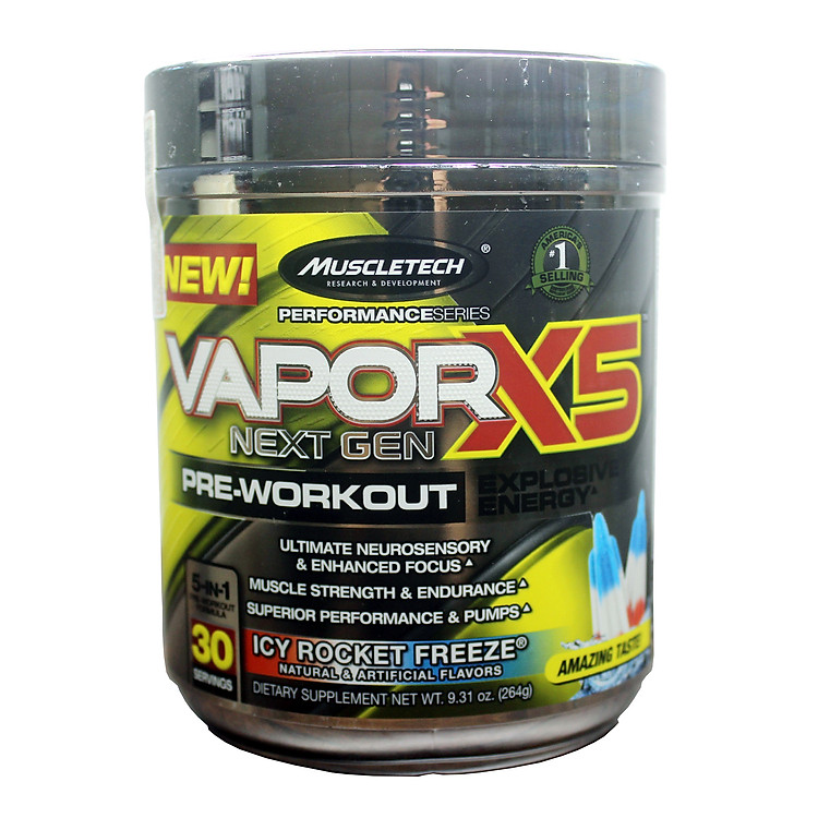 Thực phẩm bổ sung Pre-Workout Vapor X5 của MuscleTech hương Ice Rocket Freeze (kem tuyết) hộp 30 lần dùng hỗ trợ Tăng Sức Bền, Sức Mạnh, Đốt Mỡ, Giảm Cân mạnh mẽ cho người tập GYM