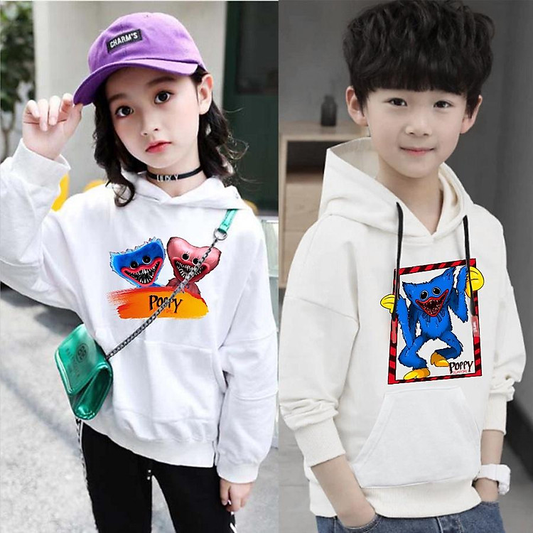 Áo khoác in hình Poppy Playtime Huggy Wuggy Plush kiểu dáng hoodie trắng cực chất đủ size cho bé trai bé gái