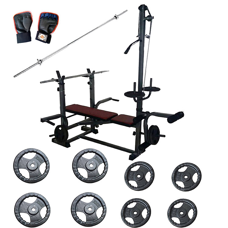 Combo Giàn tạ đa năng kéo xô DNS 665 + Đòn tạ 1,5m + 60kg tạ gang + Găng tay tập tạ