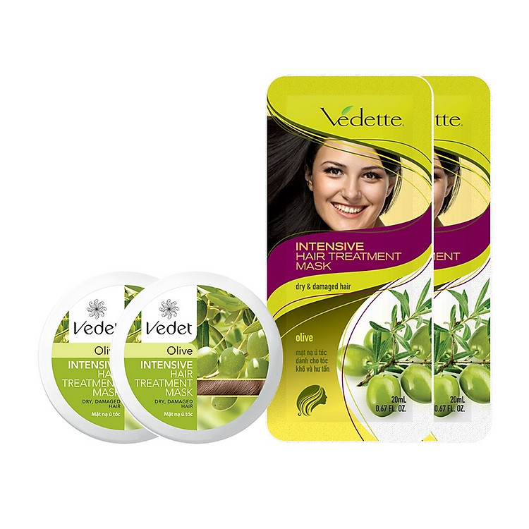 Bộ 2 Hũ Ủ Tóc Olive Vedette Chắc Khỏe tặng 2 Mặt Nạ Tóc Tiện Lợi 260g