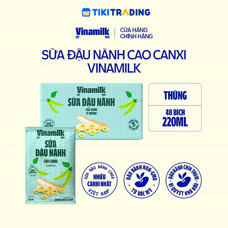 Thùng 48 bịch sữa đậu nành cao canxi Vinamilk 220ml