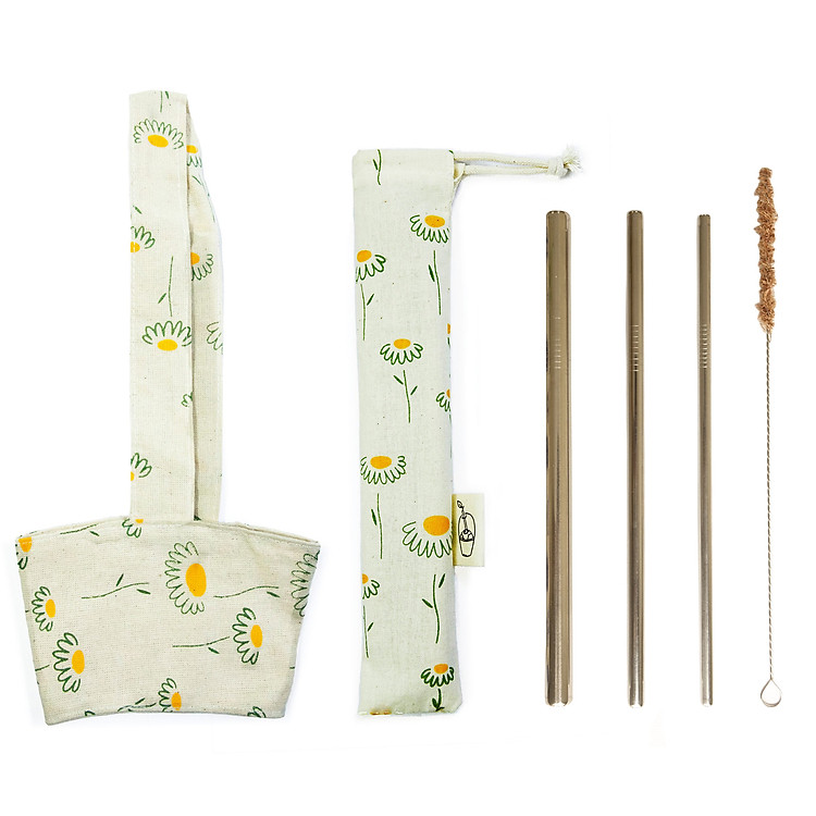 Combo Bộ 3 Ống hút Inox 304, Cọ rửa kim loại, Túi rút + Quai vải đựng ly Hoa Cúc