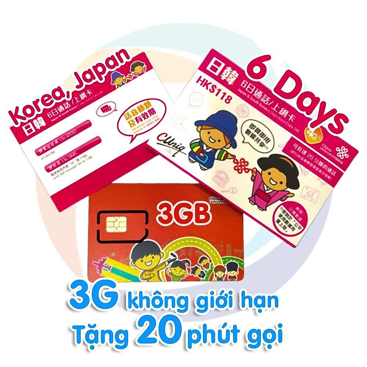 Sim Nhật Bản Và Hàn Quốc Joytel Mạng 4G Data Không Giới Hạn 6 ngày Có Phút Gọi