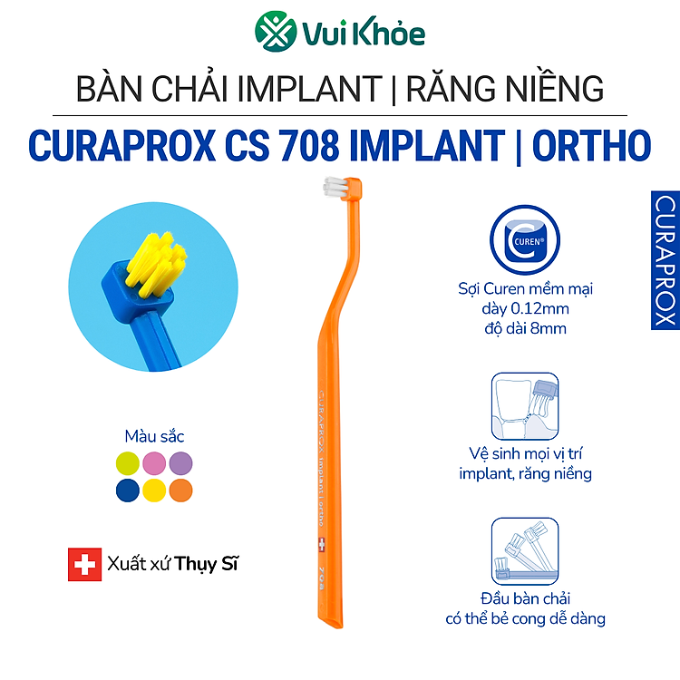 Bàn chải implant, răng niềng Curaprox CS 708 Implant, Ortho | Vỉ 1 cây | Mã SP 73310021