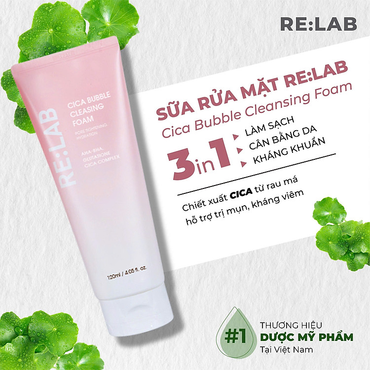 Sửa rửa mặt RE:LAB cica bubble cleansing foam120ml sạch dầu giảm thâm sáng da, giảm mụn, cân bằng PH trên da