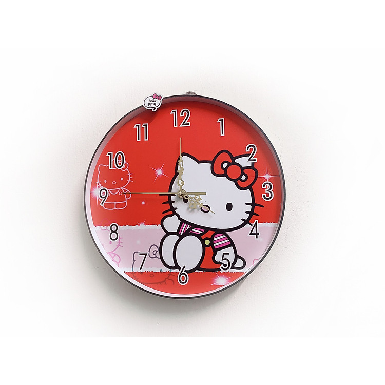Đồng hồ trang trí treo tường độc đáo HELLO KITTY đỏ, kim trôi, không gây tiếng ồn 002, sản xuất thủ công