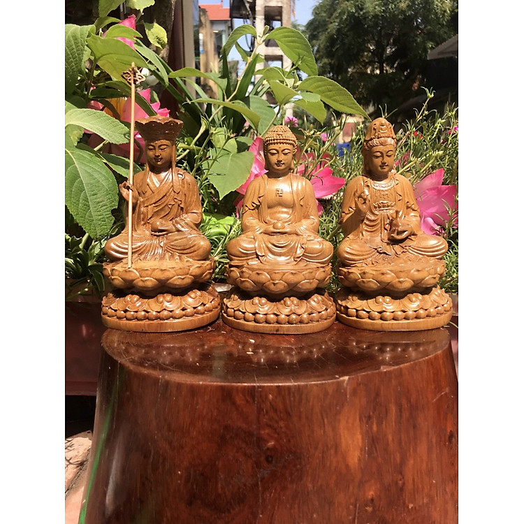 Tượng Tây Phương Tam Thánh Mini Bằng Gỗ Bách Xanh (15x9cm)